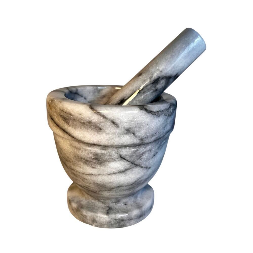 Vintage White Swirl Marble Mortar & Pestle Herb Medicine Masher Mid-Century